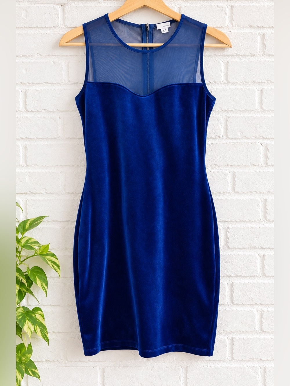 Garage Blue Velvet Mini Dress Sheer Mesh Yoke Bodycon Party Dress